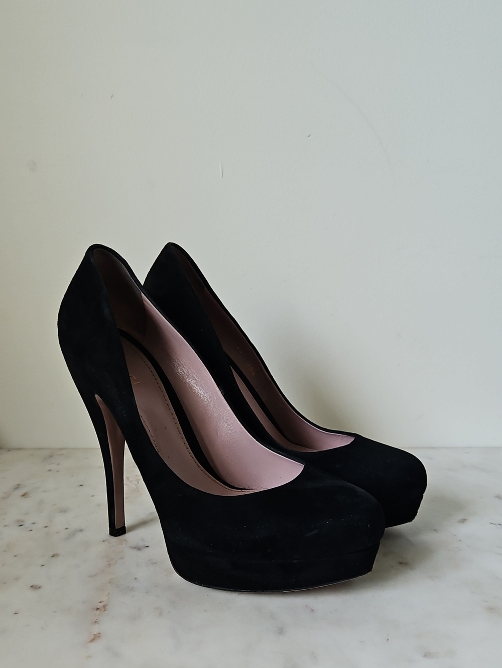 GUCCI: Black Suede Platform Stiletto Heels